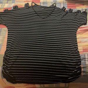 Black cold shoulder top, slim white stripes, shirring at waist/tummy- worn twice